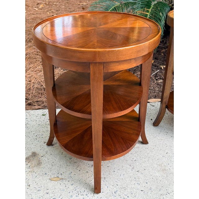Wood Vintage Walnut Two-Tiered End Tables, Side Tables With Starburst Veneer Top - Pair For Sale - Image 7 of 12
