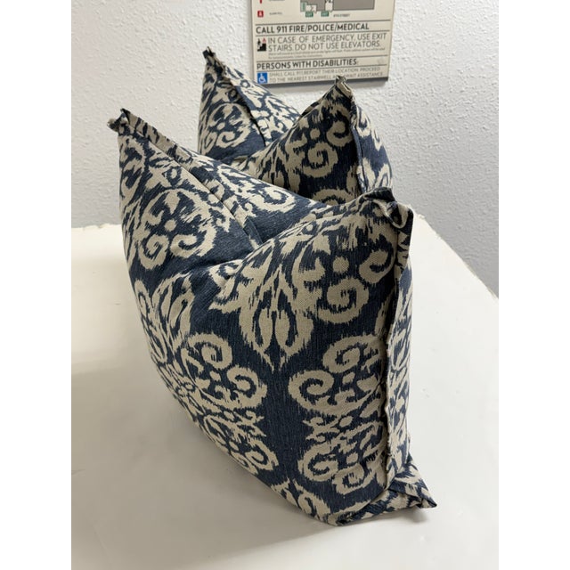Bespoke Blue + Ivory Ikat Damask Throw Pillows, Pair For Sale - Image 4 of 12