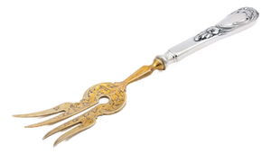 Silver Fish Serving Fork with Gold Tines and Relief on the Handle