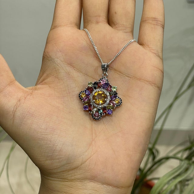Regent Starburst Maximalist Multi Gemstone Pendant in 925 Sterling Silver - 4.97 TCW For Sale - Image 9 of 13