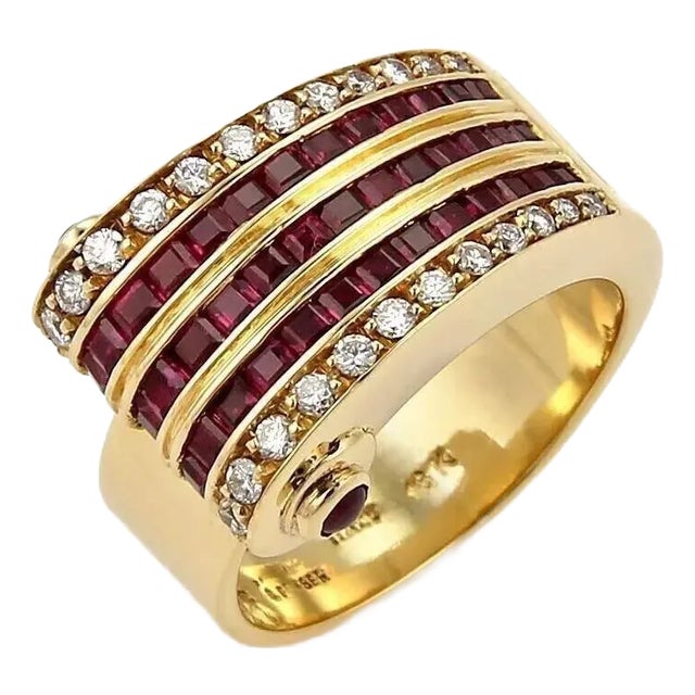 Gioielli Graser 1.50ct Diamond & Ruby 18k Yellow Gold Wave Band Ring, Size 7 For Sale