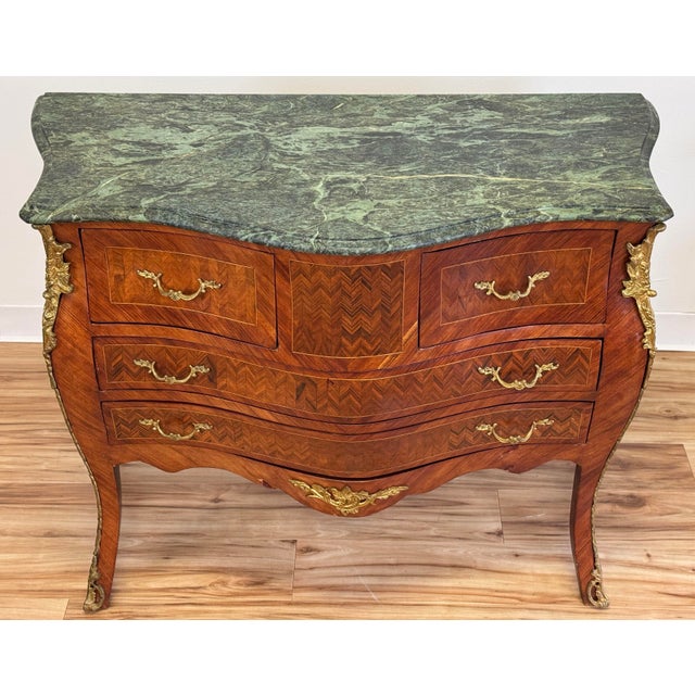French Vintage French Louis XV Style Marble Top Commode Bombe Chest For Sale - Image 3 of 18