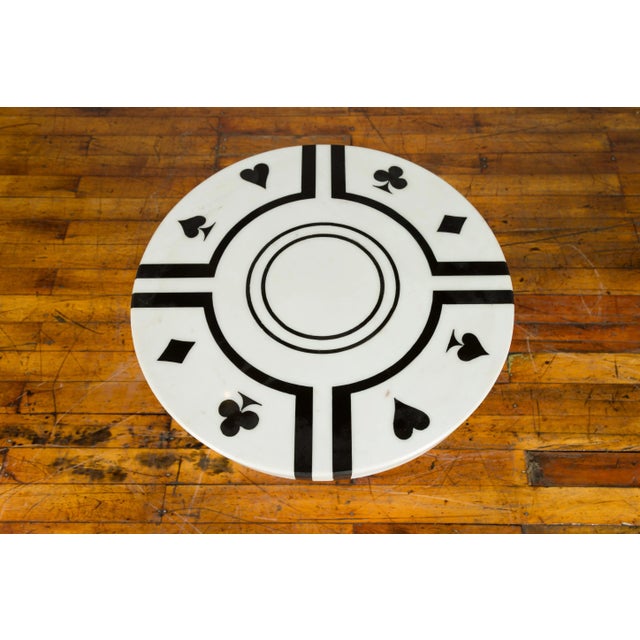 White Marble Side Table with Poker Design Round Top and Pedestal Hourglass Base For Sale In New York - Image 6 of 10