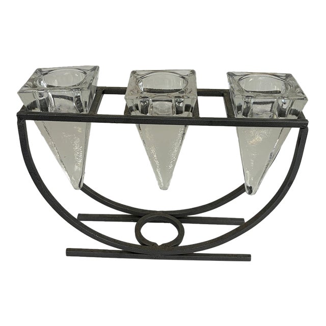 Vintage 1980s Brutalist Iron & Crystal Triple Votive Candle Holder Candelabra For Sale