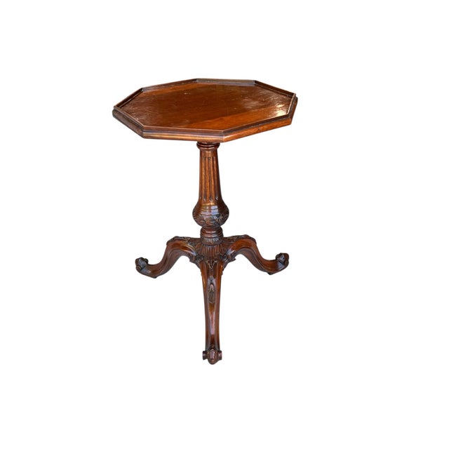 Vintage heavily carved octagonal mahogany Georgian style drink side table. Construction is with flat slotted screws...
