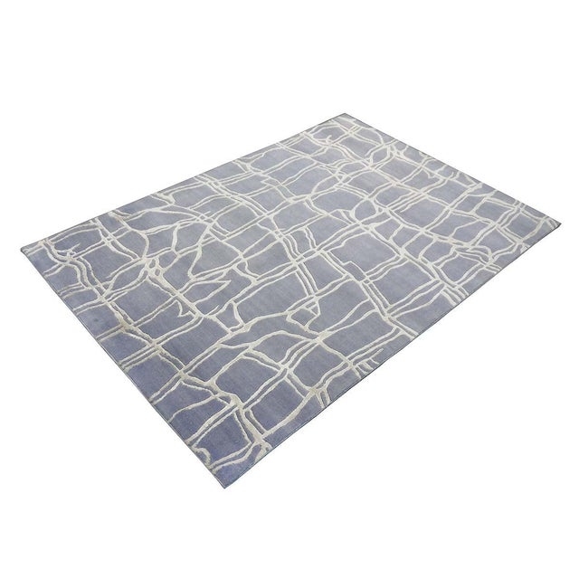 Nepalese Modern Abstract Wool & Silk 4x6 Slate Blue & Ivory Handmade Area Rug #9902908 For Sale In Houston - Image 6 of 11
