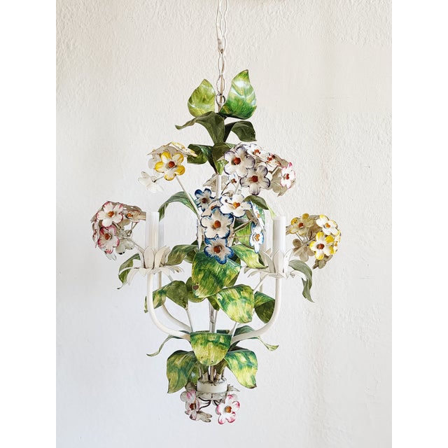 Vintage Italian Handpainted Foral Motif Tole Chandelier For Sale - Image 9 of 18