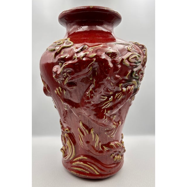 Chinese Chinese Vintage Sang De Boeuf Oxblood Glaze Ceramic Vase With Twin Dragons For Sale - Image 3 of 11