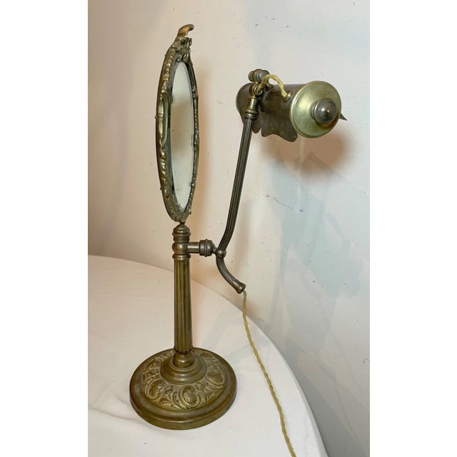 Rare Antique Ornate Dépose Brass Adjustable Vanity Mirror Desk Lamp Combo For Sale - Image 4 of 12
