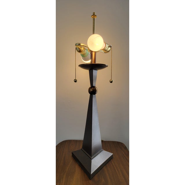 Gilbert Poillerat Mid 20th Century Modern Patinated Bronze Pyramid and Brass Sphere Lamp With Pleated Linen Shade For Sale - Image 4 of 10