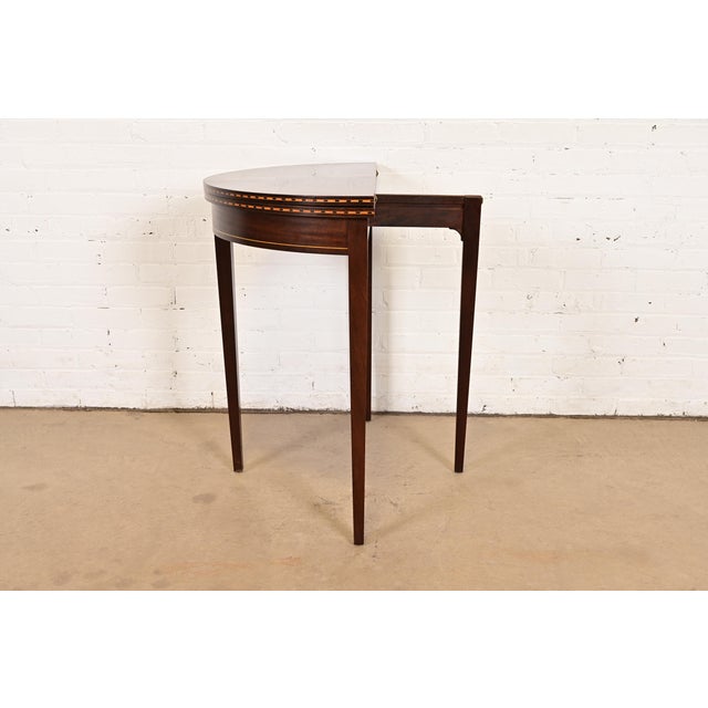 Late 20th Century Baker Furniture Style Federal Inlaid Mahogany Flip Top Demilune Console Game Table For Sale - Image 9 of 14
