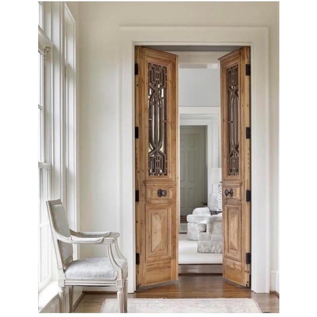 Antique Tall French Doors Beveled Glass With Fan Light Semi Circle Arch Window For Sale - Image 17 of 17