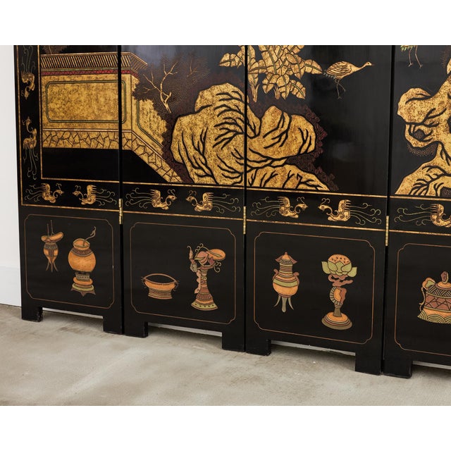 Wood Grand Chinese Export Eight Panel Lacquered Coromandel Screen For Sale - Image 7 of 12