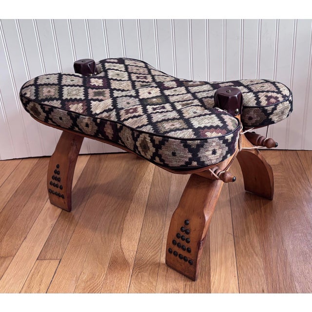 Vintage Moroccan Camel Saddle Footstool With New Southwest Upholstery For Sale - Image 4 of 12
