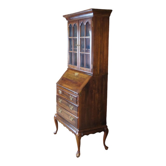 1970s Vintage Cresent Queen Anne Style Cherry Secretary Desk with Bookcase Bureau For Sale