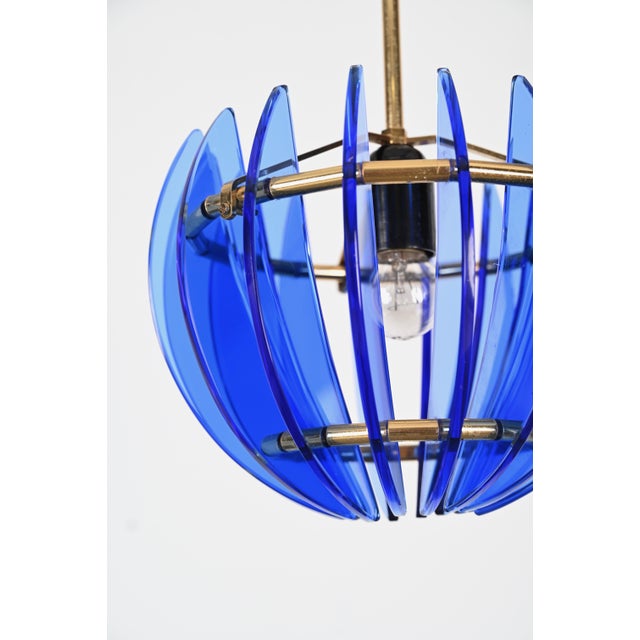 Mid-Century Italian Blue Glass and Brass Pendant attributed to Galvorame, Italy, 1960s For Sale - Image 15 of 17
