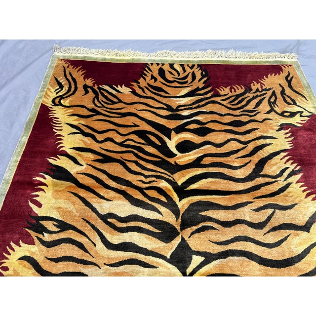 Tribal Golden Yellow Silk Tiger Design Pictorial Rug – Handmade Tribal Caucasian Rug For Sale - Image 3 of 11