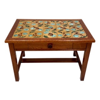 Arts & Crafts Side Table or Children's Furniture Style with Hand-Painted Majolica Ceramic Tiles, Denmark, 1920s For Sale