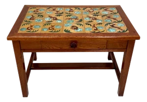 Arts & Crafts Side Table or Children's Furniture Style with Hand-Painted Majolica Ceramic Tiles, Denmark, 1920s