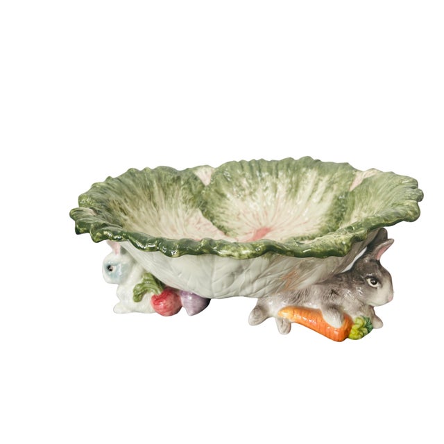 Fitz & Floyd English Garden Bunnies Centerpiece Footed Bowl – Vintage 1998 Hand-Painted Ceramic Cabbage Leaf Serving Dish,...