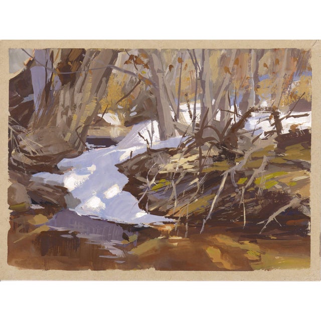 This gouache painting captures a serene moment at Reynolds Park, showcasing a gentle stream winding through a landscape...