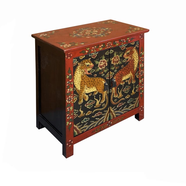 2020s Tibetan Oriental Red Black Jaguars End Table Nightstand For Sale - Image 5 of 5