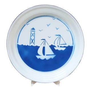 Large Vintage Blue and White Enamelware Platter / Tray With Sailboat and Lighthouse Motif For Sale