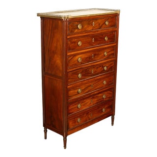 Tall Antique 19thC French Louis XVI Semainier Mahogany Marble Chest Drawers 1880 For Sale