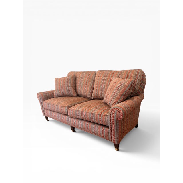 Brass 1990s Hancock & Moore Upholstered Sofa With Casters – Custom Patterned Fabric, 74” For Sale - Image 8 of 9