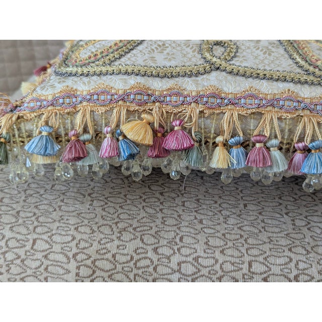 Custom Scalamandre Silk Pillows With Weave Applique and Tasseled and Beaded Crystal Fringe For Sale In New York - Image 6 of 11