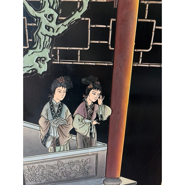 1960s Asian Coromandel-Style Black Lacquer Double-Sided Four-Panel Folding Screen For Sale - Image 4 of 17