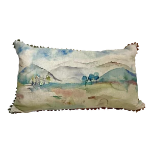 Large Decorative Bolster Pillow Embellished With a Majestic Water Color Look Scenic Valley & Mountain Print - Made in the U K