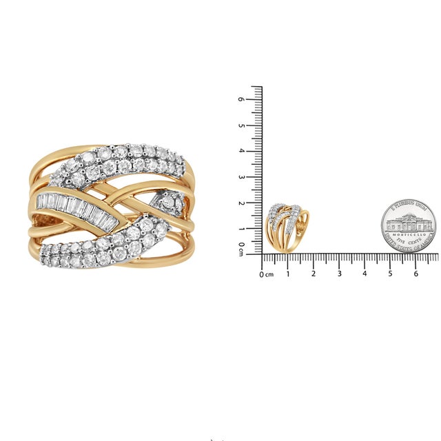 10K Yellow and White Gold 1.0 Cttw Round and Baguette-Cut Diamond Multirow Interwoven Cocktail Ring (I-J Color, I2-I3 Quality) - Size 8 For Sale In New York - Image 6 of 6
