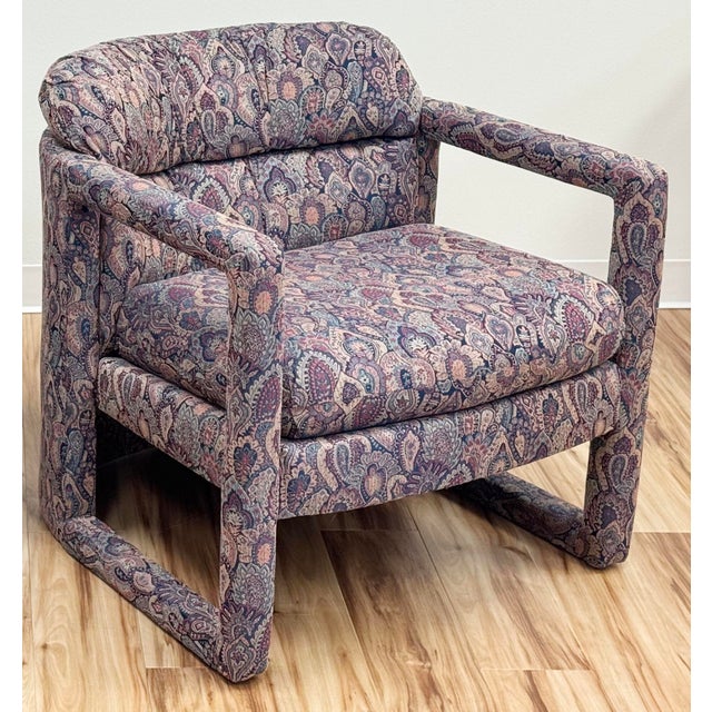 Mid-Century Modern Vintage Damask Upholstery Rounded Back Parsons Chair For Sale - Image 3 of 14