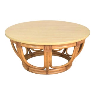 Vintage Coastal Style Coffee or End Table Round Rattan Drum Shape With Laminate Top For Sale