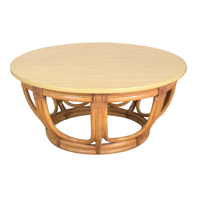 Vintage Coastal Style Coffee or End Table Round Rattan Drum Shape With Laminate Top For Sale
