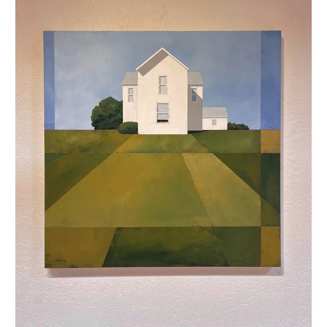 "The Old Farmhouse" is an acrylic on canvas landscape painting by Justin Wheatley, completed in 2026. A white clapboard...