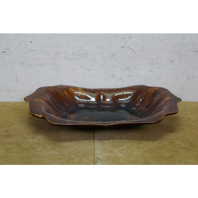 Antique Ceramic Brown Glazed Scalloped Dish Tray Centerpiece Bowl Compote 11" For Sale - Image 4 of 10