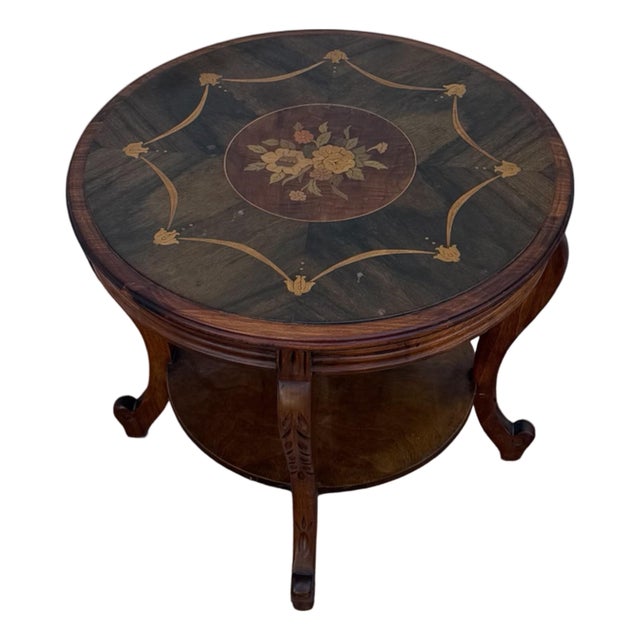 Vintage French Louis XV Style Round Marquetry Side Table With Floral Inlay & Lower Shelf For Sale