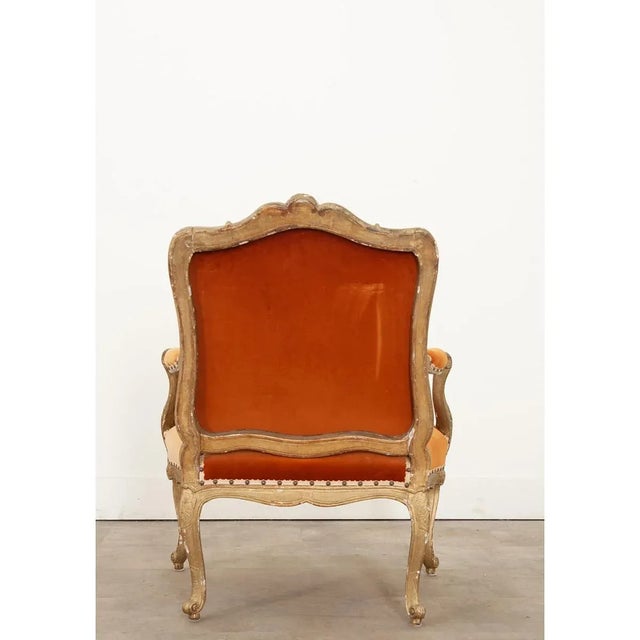 19th Century French 19th Century Louis XV Style Painted and Velvet Fauteuil For Sale - Image 5 of 11