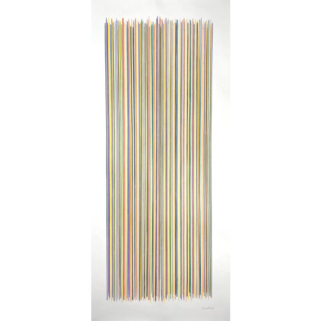 Sarah Vaaler Modern Minimalist Color Pencil Drawing With Multicolor Stripes of Yellow, Salmon and Pale Green For Sale - Image 4 of 4