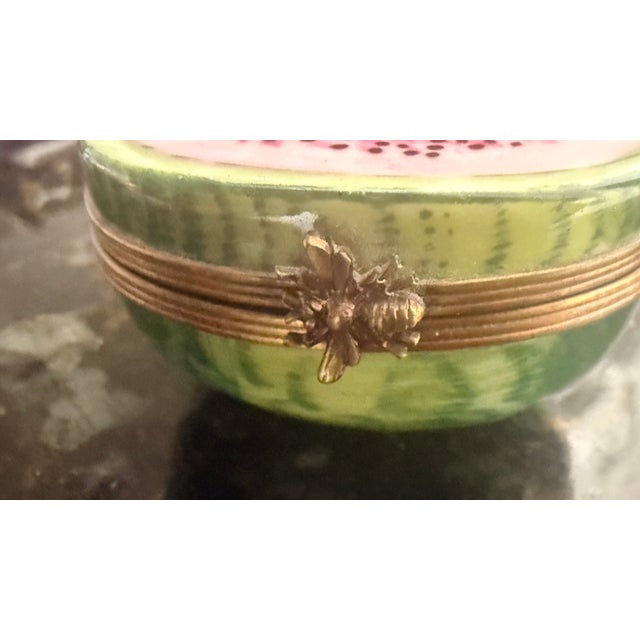 Metal Late 20th Century Hand-Painted Limoges France Watermelon Porcelain Trinket Box With Bee Clasp For Sale - Image 7 of 8