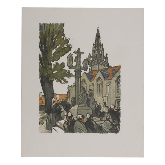Mathurin Meheut, Brittany, Pilgrims in front of the church, Engraving For Sale