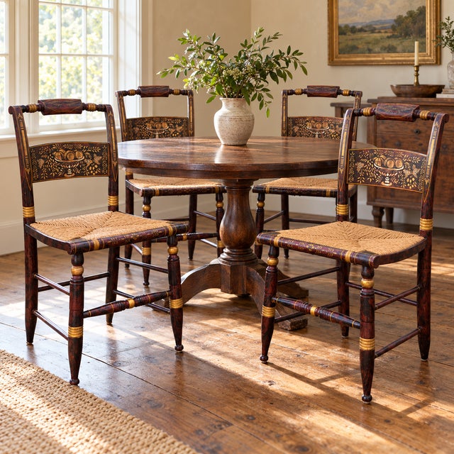 A distinctive set of four vintage Hitchcock-style side chairs displaying the decorative character associated with Early...