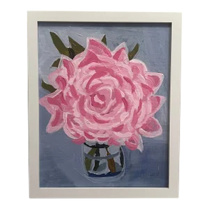 Modern Abstract Floral Peony Acrylic Painting on Canvas Panel, Signed, Framed