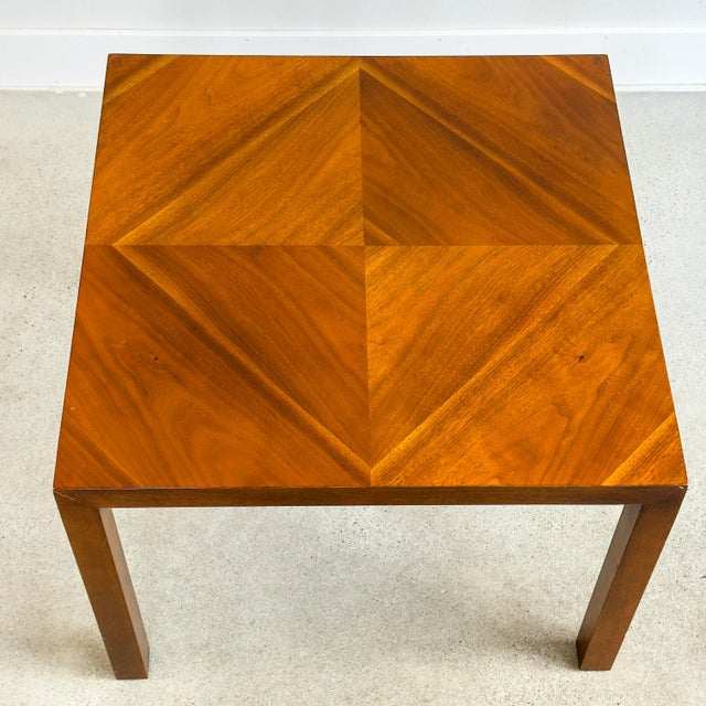 Lane Altavista diamond inlay walnut square side table. Constructed from solid walnut with a beautiful grain pattern....
