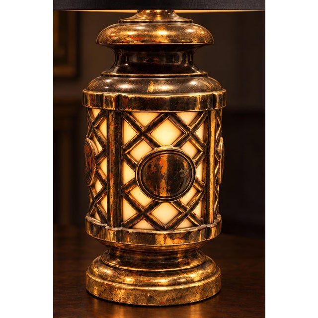 Black Mid 20th Century Chinoiserie Lighted Ceramic Table Lamp With Black Shantung Shade For Sale - Image 8 of 11