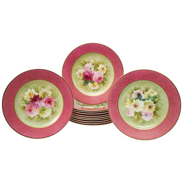 12 Pretty Pink Antique Floral Dessert Plates, HandPainted, Artist
