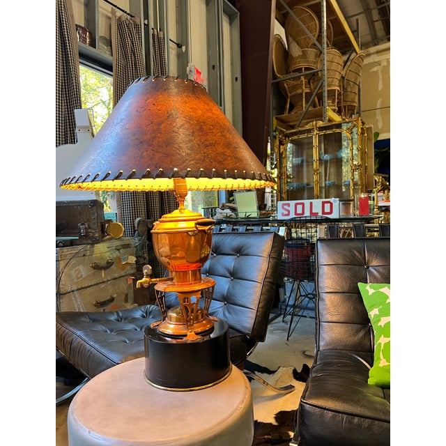 1970s Large Copper Lamp With Stand, Hot Water Kettle Design With Detailed Stitched Shade For Sale - Image 4 of 5
