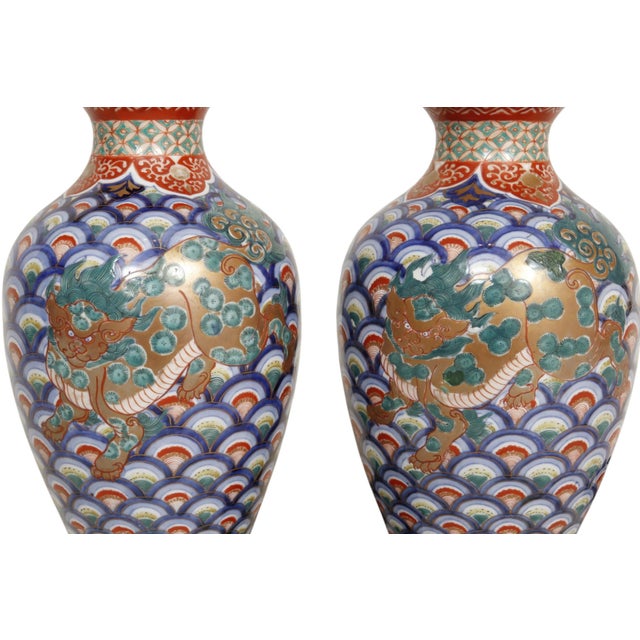 Mid 20th Century Mid 20th Century Hand Painted Komainu Ceramic Table Lamps - a Pair For Sale - Image 5 of 7